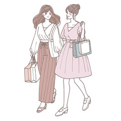 ショッピングを楽しんでいる女性二人のイラスト
