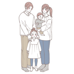 仲の良い四人家族が立っているイラスト