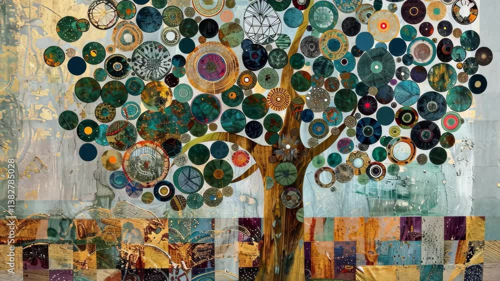 Aufkleber a large decorative tree displays colorful circular patterns against a textured background, blending 