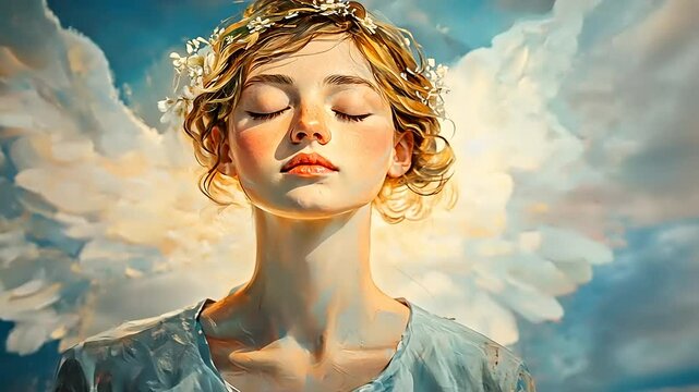 Ethereal portrait of a serene woman with angelic wings against a dreamy sky backdrop