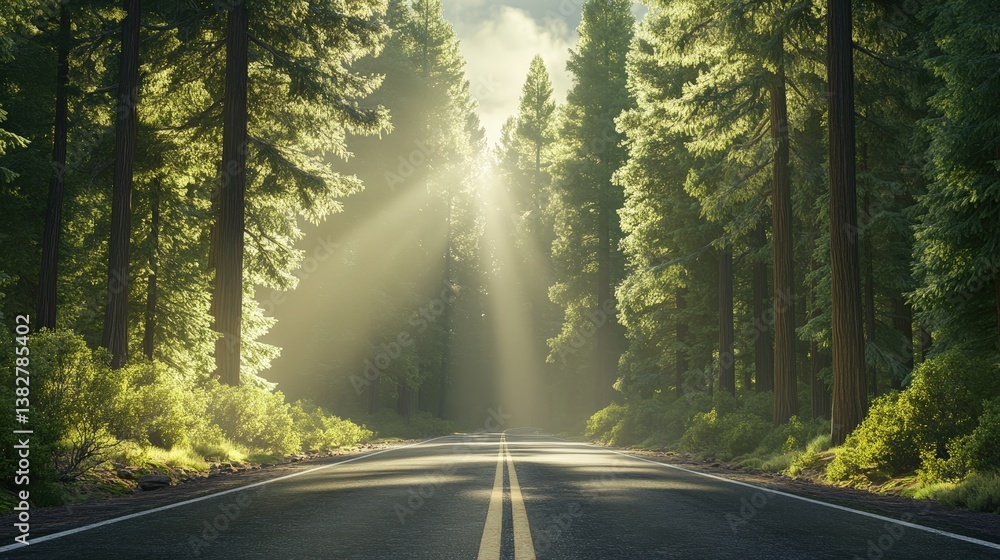 Aufkleber a serene forest road illuminated by sunlight filtering through towering trees creates a peaceful and
