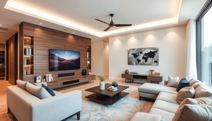 Modern Living Room Interior Design with Beige Sofa and Wood Wall