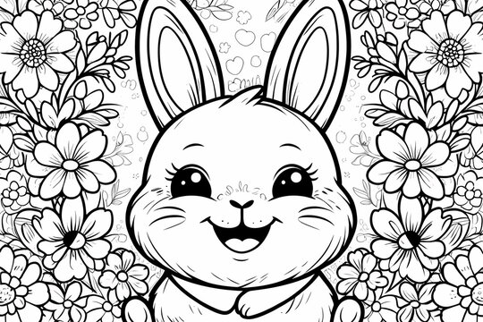 bunny painting easter egg and some flowers, coloring page ready to print on standard 8.5x11 inch paper