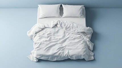 a top view of a bed with white sheets and pillows on a blue wall