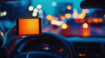 Closeup of hand holding smartphone with white mockup on screen,black mobile phone in hands with blank desktop screen while car driving,Mockup image,Copyspace for text.
