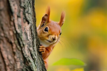 Red Squirrel Peeking from Tree Trunk