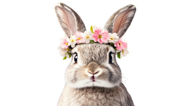Bunny with flower crown portrait, animal isolated for design, cut out transparent