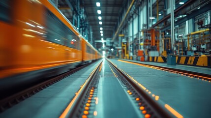 Orange train moving through a modern factory maintenance facility.