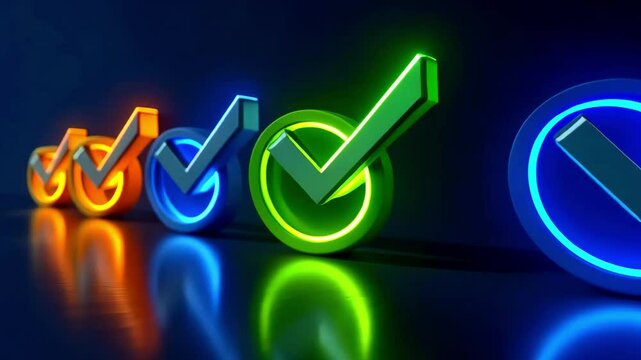 Bright check marks illuminated in various colors are arranged in a row, creating a striking visual effect