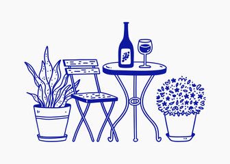 Summer street cafe, restaurant scene. Garden furniture with potted plants.