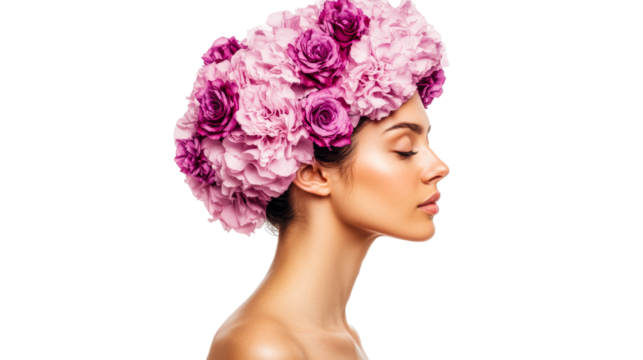 Woman adorned with floral wreath, profile, serene beauty, cut out transparent