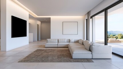 Fototapeta premium Modern minimal living space contemporary home interior design clean aesthetic wide angle calm atmosphere