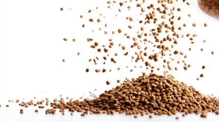 A bowl of delicious dry cat food,Pouring ration dry pet food in a metal bowl on a white background,Feeding cats and dogs with granulated dry food.