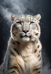 Naklejka premium Snow Leopard Wild Animal Elegant Dramatic Portrait On A Mist Dark Background