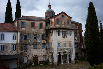 Skete of Saint Andrew in Mount Athos, Greece: Russian-Influenced Domes in Sacred Site on the Halkidiki Peninsula in the Aegean Sea. Spiritual Journey Amidst Cast Metal Bells and Majestic Architecture.