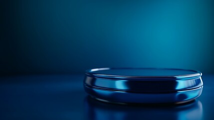 Blue Metallic Podium with Dark Studio Background.