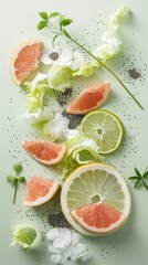 Fresh fruit and vegetable arrangement showcasing grapefruit, lime, and lettuce on a serene green background