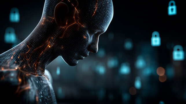 cybersecurity concept, with a human figure made of binary code, shielded by a translucent digital barrier