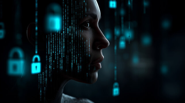 cybersecurity concept, with a human figure made of binary code, shielded by a translucent digital barrier - Powered by Adobe