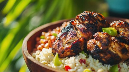 Caribbean jerk chicken served with rice.