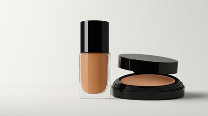 Bottles of makeup foundation and lipstick,Collection of skin foundation bottles in different shades and samples on color background,makeup essentials,Cushion Foundation liquid and swatche,copy space.