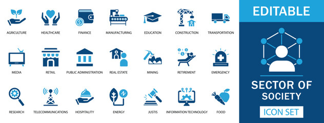 Sector of Society Icon Set  A versatile icon set representing key societal sectors, including healthcare, finance, education, agriculture, telecommunications, IT, energy, and more.
