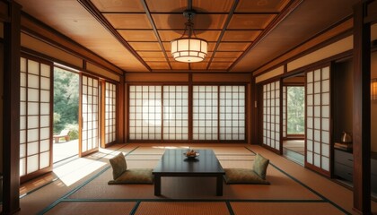 Sunlit Japanese Room Interior With Traditional Wood Design