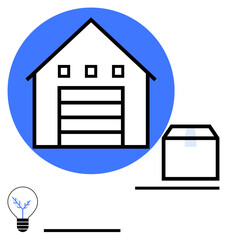 Building with a garage door, a delivery box, lightbulb icon, and a blue circle accent. Ideal for logistics, storage, shipping, innovation, e-commerce minimal design abstract line flat metaphor