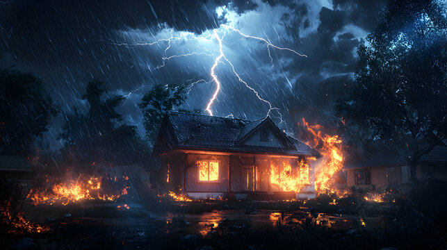 A family house in a stormy town struck by lightning, engulfed in flames amid fierce winds and heavy rain, with dramatic clouds and chaos, capturing nature&rsquo;s destructive power.