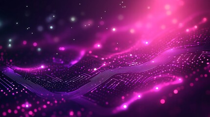 Abstract futuristic circuit board illuminated with vibrant pink and purple glow