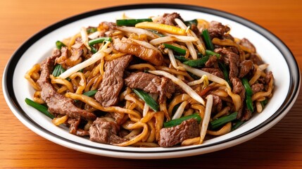 Korean-style noodles topped with beef, green onions, scallions, and served with a fresh bean sprout salad for a tasty meal