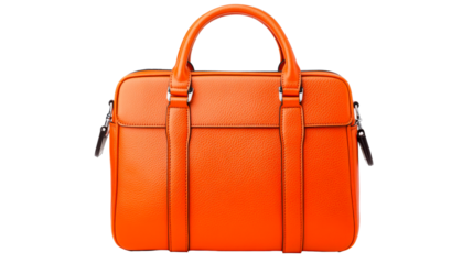 Modern orange leather briefcase with handles, cut out transparent