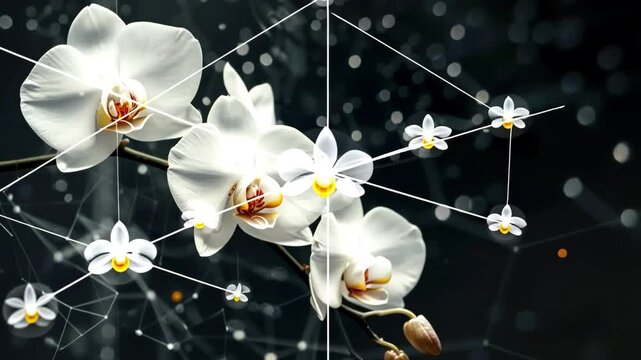  White orchids with a delicate structure of lines and light points on a dark background, suggesting a scientific or digital theme
