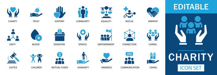 Charity Icon Set  Featuring donation, trust, community, equality, rescue, and kindness. Perfect for NGOs, fundraising, social initiatives, and awareness campaigns. Editable, professional, and versati