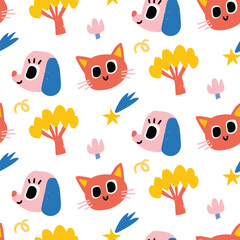 Vector colorful seamless baby pattern, print with different cartoon animals heads dogs, cats, trees, comets, meteorites for children, kids clothes, wear, apparel