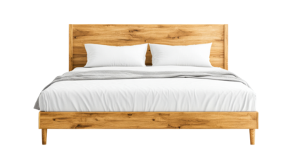 Wooden bed, white linens, isolated, cut out transparent