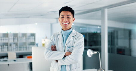 Science, lab and portrait of Asian man with crossed arms with confidence, pride and happy for...