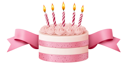 Pink birthday cake with candles and bow, cut out transparent