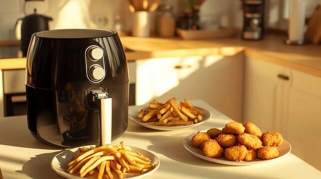 Delicious air-fried snacks in bright kitchen.