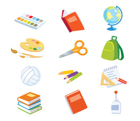 School supplies vector set cartoon icons flat design. baby kids children's school objects isolated on white background