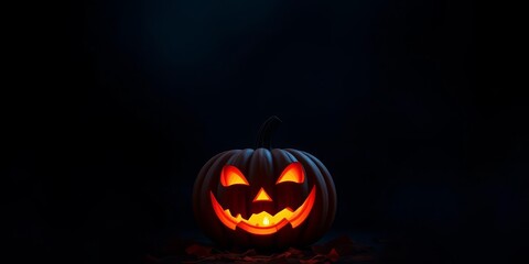 A spooky, vertically oriented Halloween backdrop featuring a carved pumpkin jack-o'-lantern against a dark, mystical background with ample copy space, ai generated,  halloween template