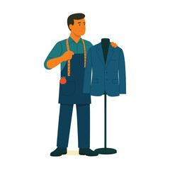 Vector illustration of male and female tailors with a jacket on mannequin – perfect for fashion, sewing, and clothing design themes