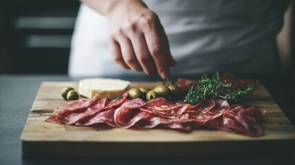 Preparing a gourmet charcuterie board.
