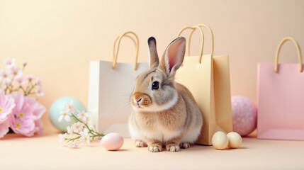 Easter greeting card, poster. Cute bunny sits near shopping bags, colorful eggs, flowers on pink background. minimalistic composition, copy space. Easter sale, special offer, online shopping, gifts