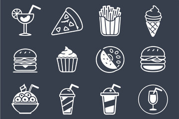 Black Outline Food Drink Icons Pizza Fries Cupcake Soda Illustration Seamless Pattern 