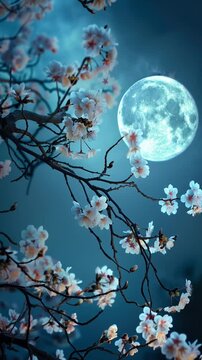 Full Moon Behind Cherry Blossoms on a Tranquil Spring Night