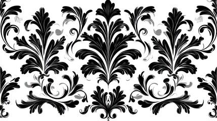 Ornate black and white damask pattern with detailed floral scrollwork.