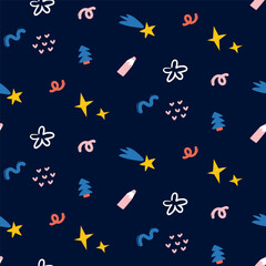 Vector colorful seamless baby pattern  on black background, print with different abstract cartoon characters, tree, star,  comets, meteorites, christmas tree for children, kids clothes, wear, apparel