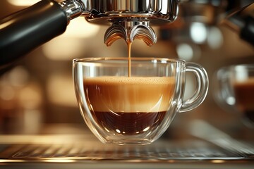 A close-up photo of espresso being extracted from a high-quality espresso machine. A thick foam forms in a double-walled glass cup as the rich espresso flows down.