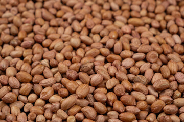 Peanut background, lots of raw peeled brown peanuts close-up.